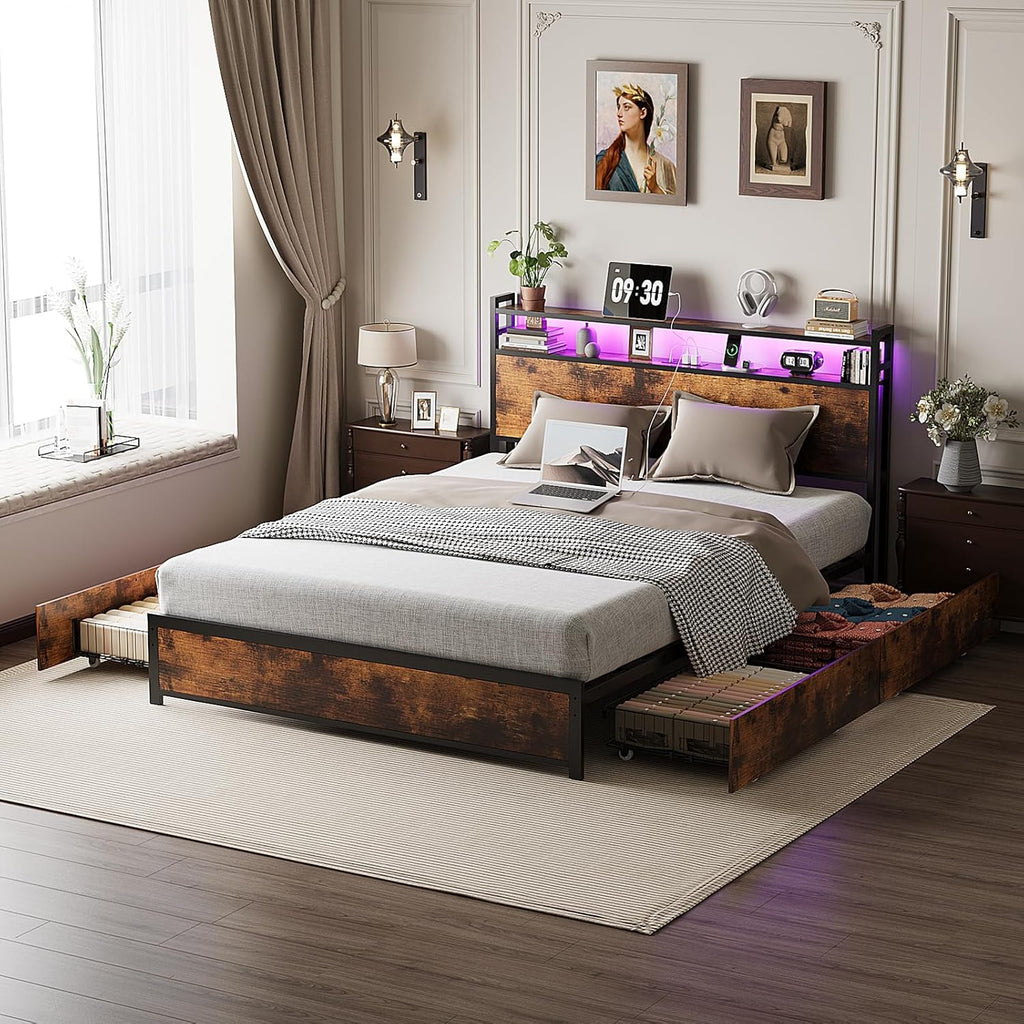 VINGLI King Size Bed Frame with 4 Storage Drawers and LED Headboard Shelves, Metal Platform Bed with Charging Station, No Box Spring Needed, Noise Free, Easy Assembly, Vintage Brown