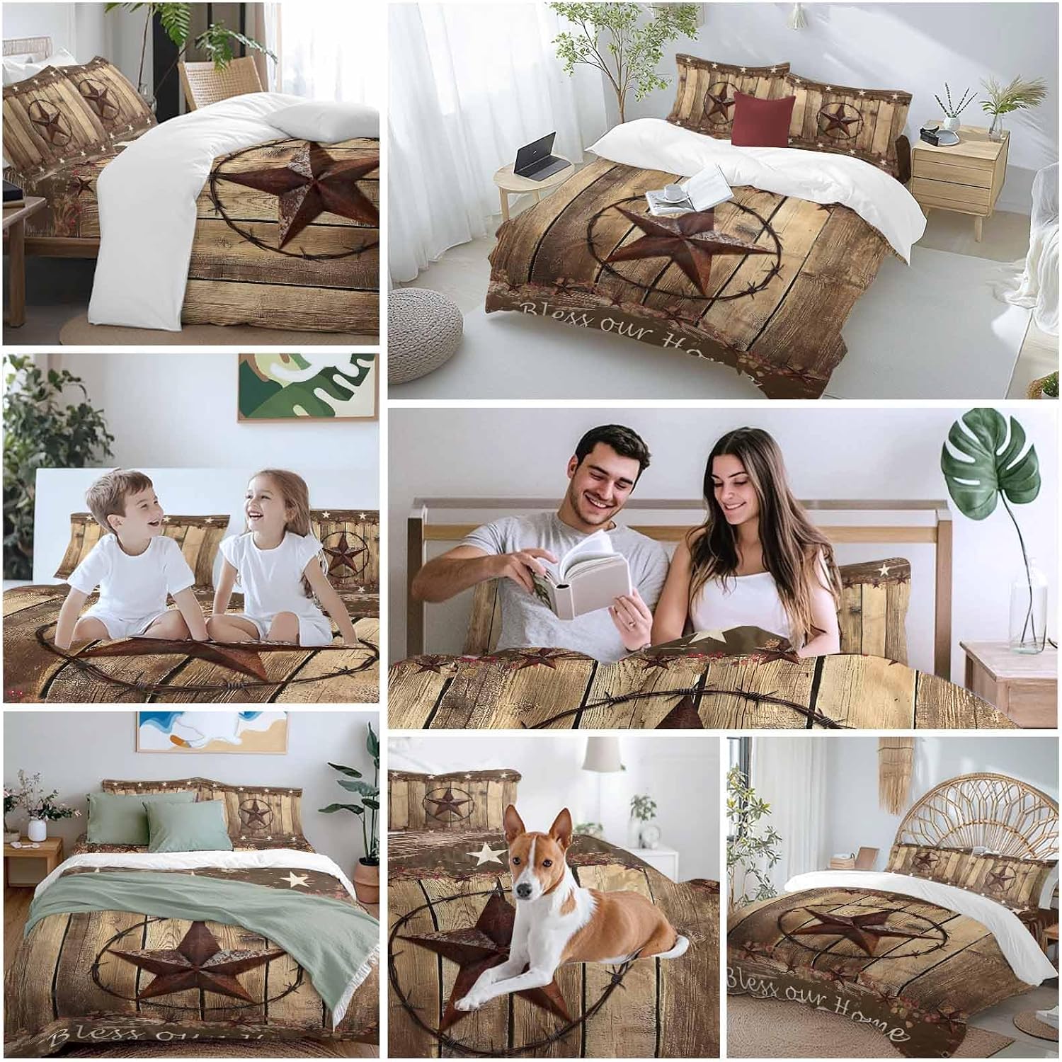 Vintage Duvet Cover Set Queen Size 4 Pieces Western Country Brown Texas Star Wood Grain Farmhouse Bedding Set with Zipper Closure, 1 Comforter Cover 86x86 Inches 1 Flat Sheet & 2 Pillow Cases