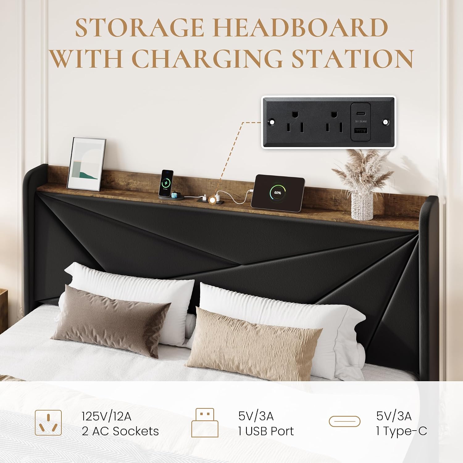 SHA CERLIN King Size Bed Frame with 3 Drawers, USB & Type-C Charging Ports, Velvet Upholstered Platform Bed with Modern Geometric Wingback Storage Headboard, No Box Spring Needed, Easy Assembly, Black