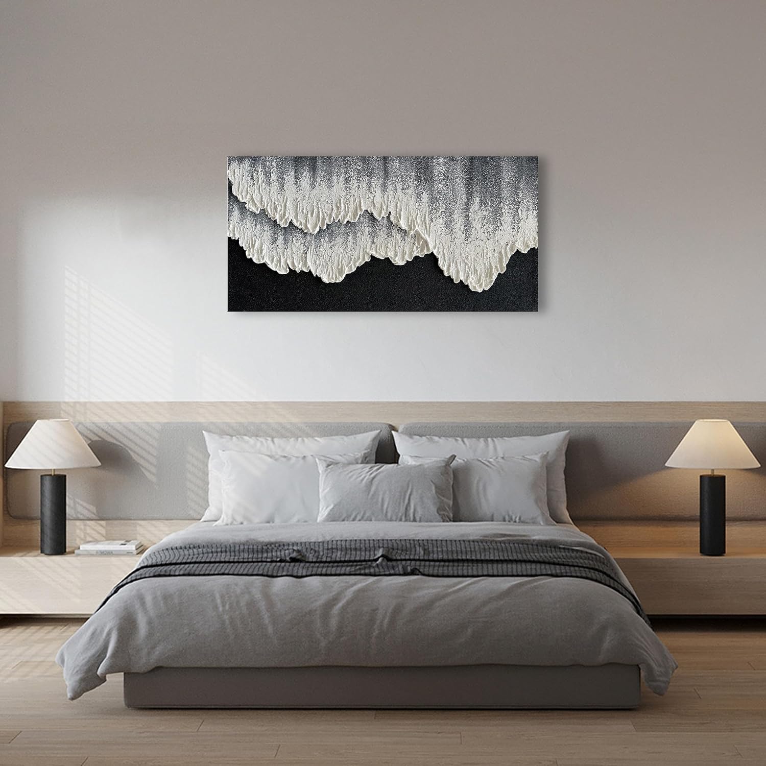 NANKAI Art Hand-Painted 3D Ocean Wave Oil Painting Natural Landscape Black and White Abstract Canvas Art Mural Family Wall Art Deco 48x24 inches