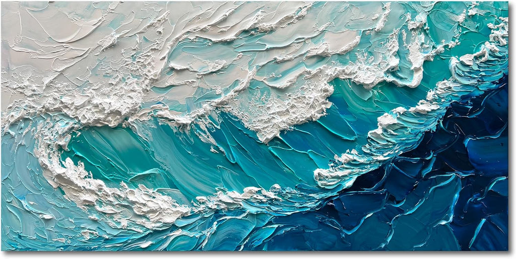 NANKAI 24x48 Inches Blue Thick Texture Abstract Oil Painting Hand-Painted Ocean Landscape Oil Painting Home Wall Art Deco
