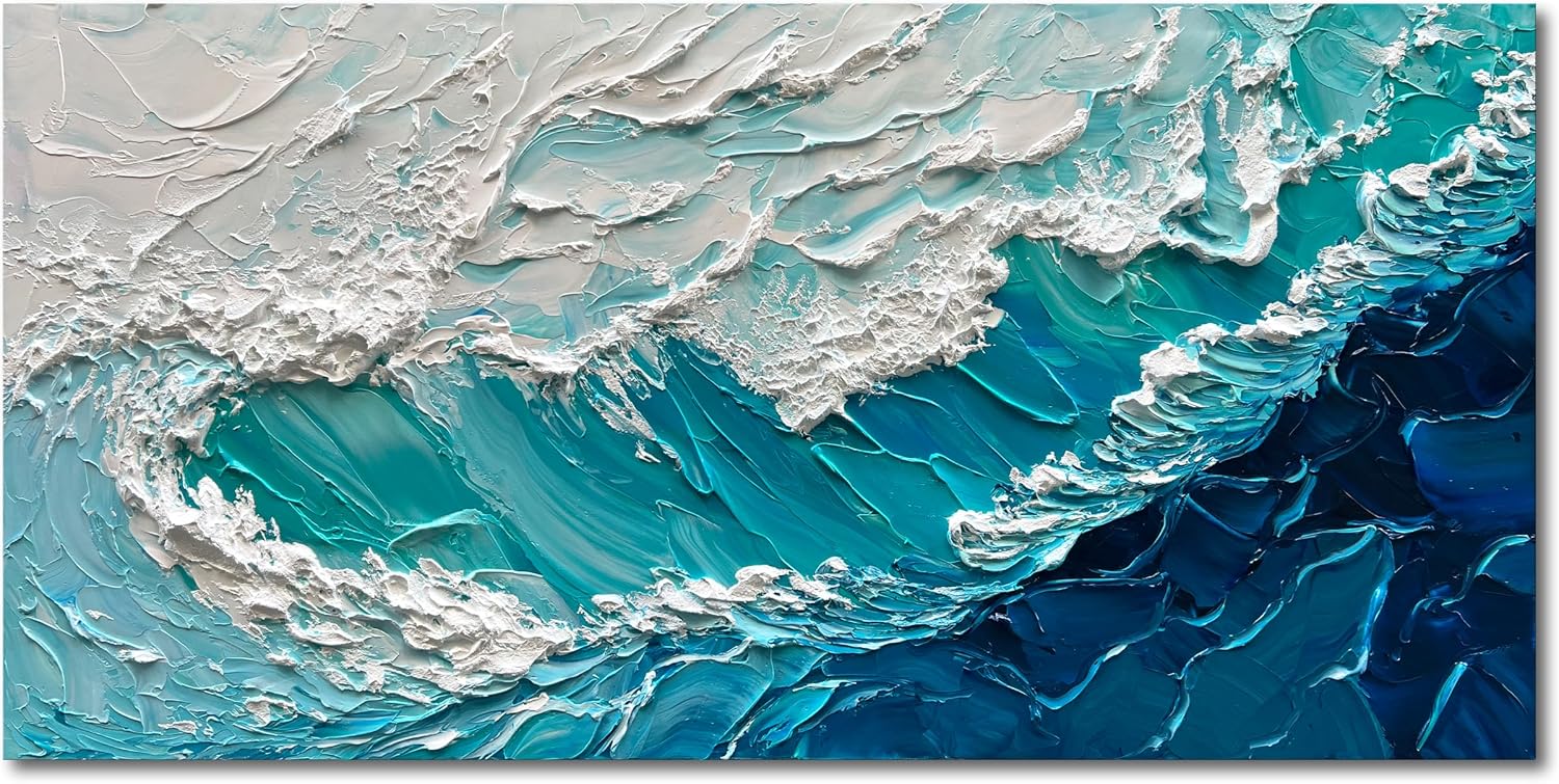 NANKAI 24x48 Inches Blue Thick Texture Abstract Oil Painting Hand-Painted Ocean Landscape Oil Painting Home Wall Art Deco