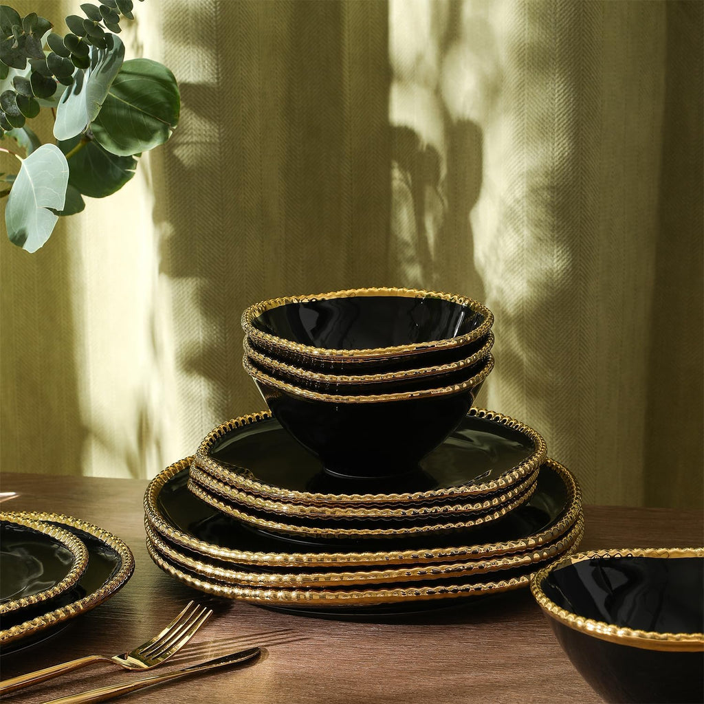 Christian Siriano Akoya Porcelain Dinnerware Set, 24-Piece - Dish Set for 8, Plates and Bowls Set, Black and Gold