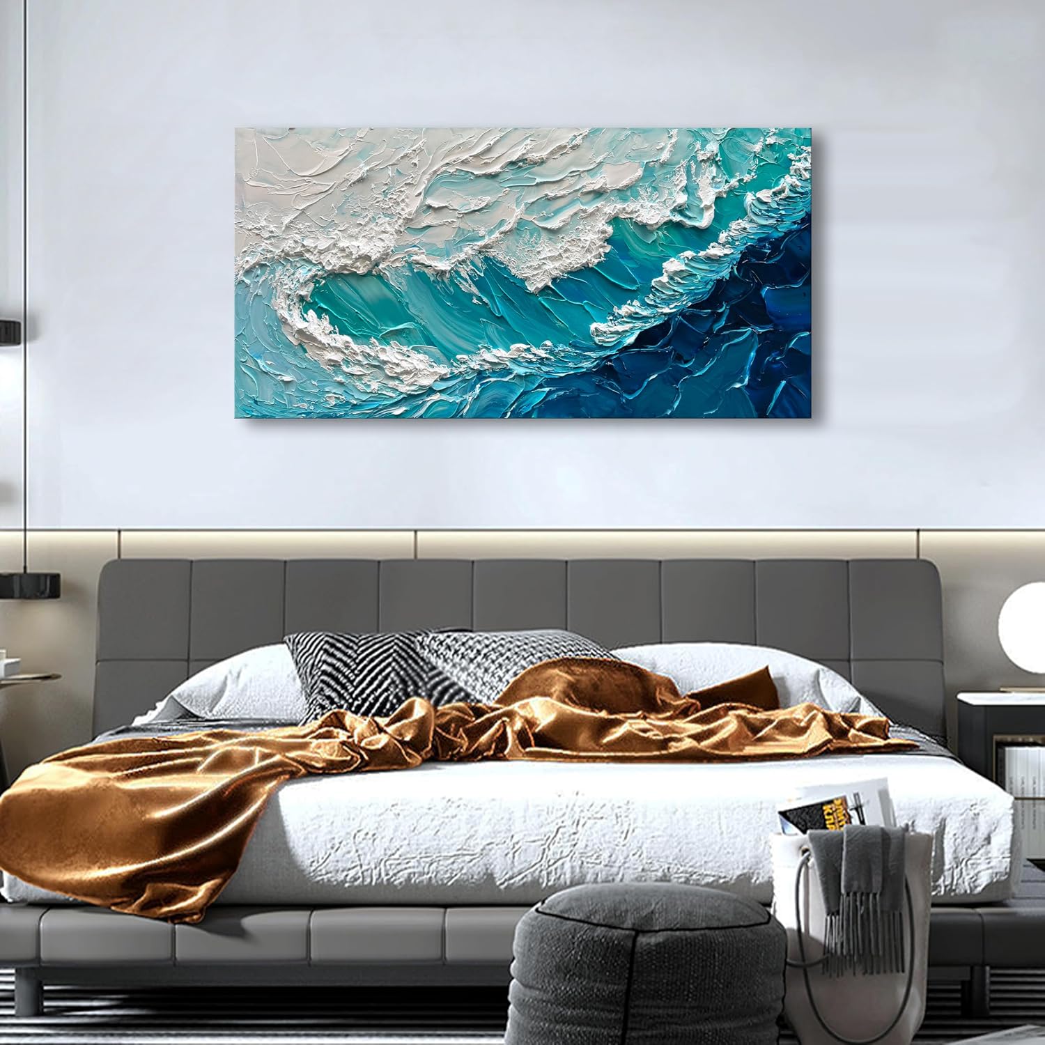 NANKAI 24x48 Inches Blue Thick Texture Abstract Oil Painting Hand-Painted Ocean Landscape Oil Painting Home Wall Art Deco