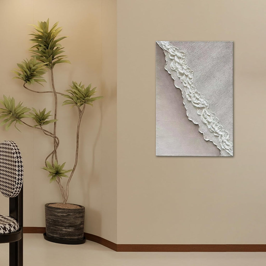 Art Hand-Painted Beach Wave Landscape Art Oil Painting with White Texture Abstract Style for Home Wall Decoration. 40x28 inches