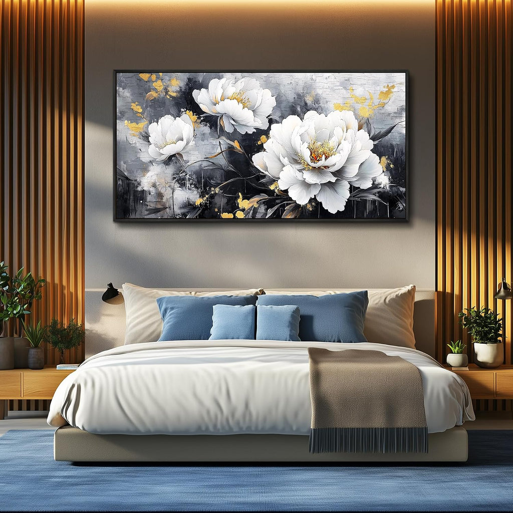 PHAOHUAXM Large Framed Canvas Wall Decor For Living Room Wall Art For Bedroom Modern Abstract Painting Ink-Wash White Flowers With Black Frames Dining Room Home Decor Print Artwork Posters 30'X60'