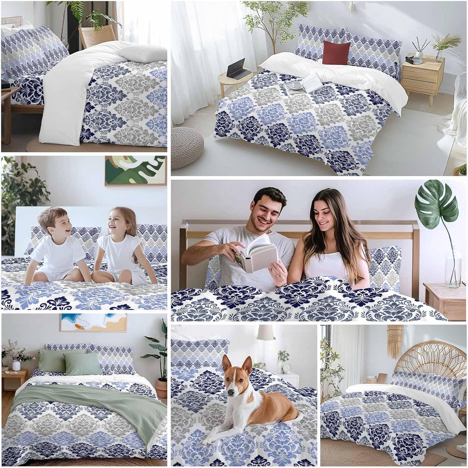 Prime Leader Vintage Floral Duvet Cover Set Queen Size 4 Pieces Blue Gray Flower Pattern Country Gradient Bedding Set with Zipper Closure, 1 Comforter Cover 90x92 Inches 1 Flat Sheet & 2 Pillow Cases