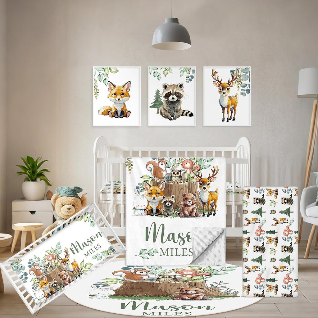 Terwex Personalized Baby Bedding Set, 5 Pcs Custom Baby Crib Sets with Name, Toddler Bedding Set for Baby Boys Girls, Forest Animal Double Layer Nursery Bedding Set, Customized Gifts for Infants Kids