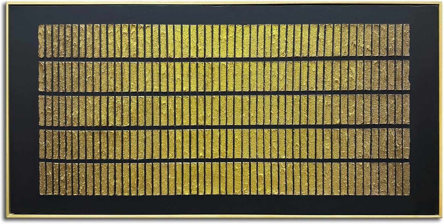 zoinart Black and Gold Textured Wall Art with Dense Golden Array Blocks, 24x48 inch Contemporary Minimalist Gold Framed Artwork Wall 24x48 Inch Metal Wall Art