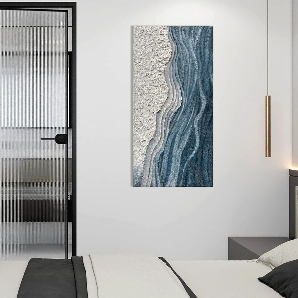 Art 24x48 inches Hand-Painted Blue and White Textured Art Oil Painting - Modern Abstract sea Wave Landscape Art - Suitable for Wall Decoration in Home Office