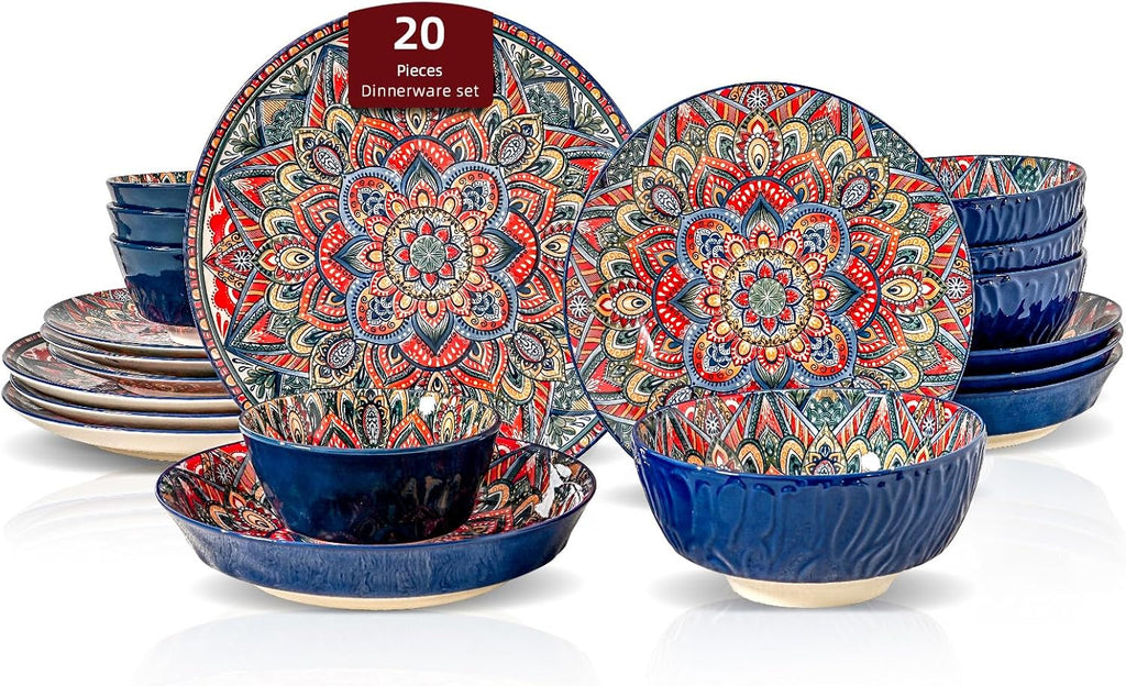 Homevss 20 Pieces Dinnerware Sets, Plates and Bowls Set, Porcelain Dishes Set for 4, Microwave and Dishwasher Safe, Scratch Resistant, Bohemian Style Dining Ware