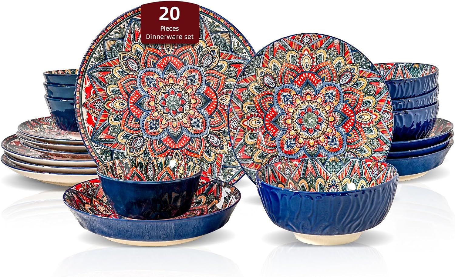 Homevss 20 Pieces Dinnerware Sets, Plates and Bowls Set, Porcelain Dishes Set for 4, Microwave and Dishwasher Safe, Scratch Resistant, Bohemian Style Dining Ware