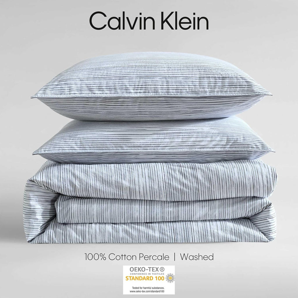 Calvin Klein - Queen Comforter Set, Crisp & Tailored Cooling Bedding w/a Naturally Smooth Cotton Percale Lightweight Feel – 3 Piece Bed Set with Matching Pillowcases (Wavy Striped Blue)