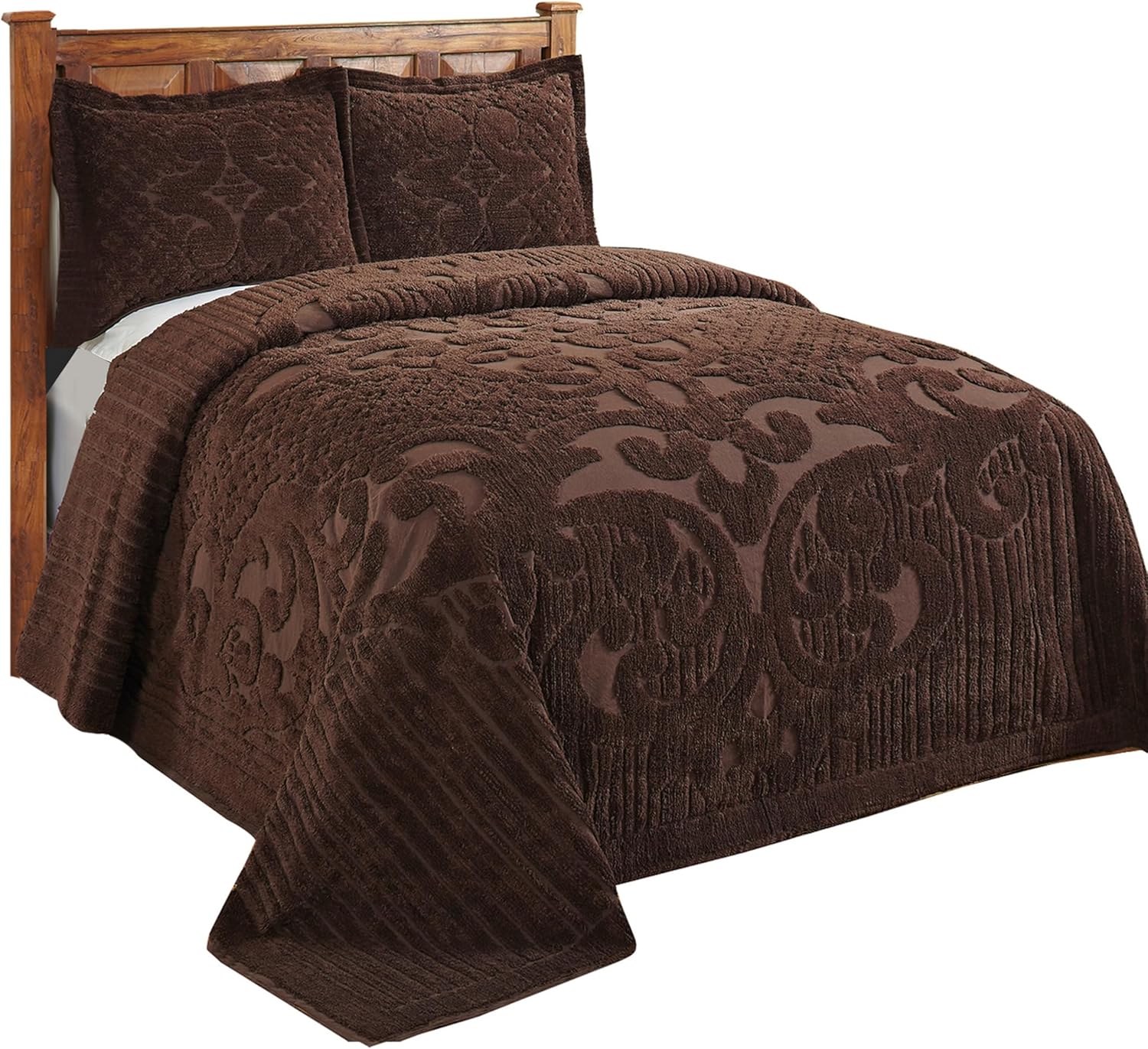 Better Trends Chenille Bedspreads Twin Size, Chocolate 100% Cotton Chenille Medallion Design Tufted Bedding Coverlet Soft Lightweight, 96'x110' with 1 PC Sham 2 Pieces Set Ashton Collection