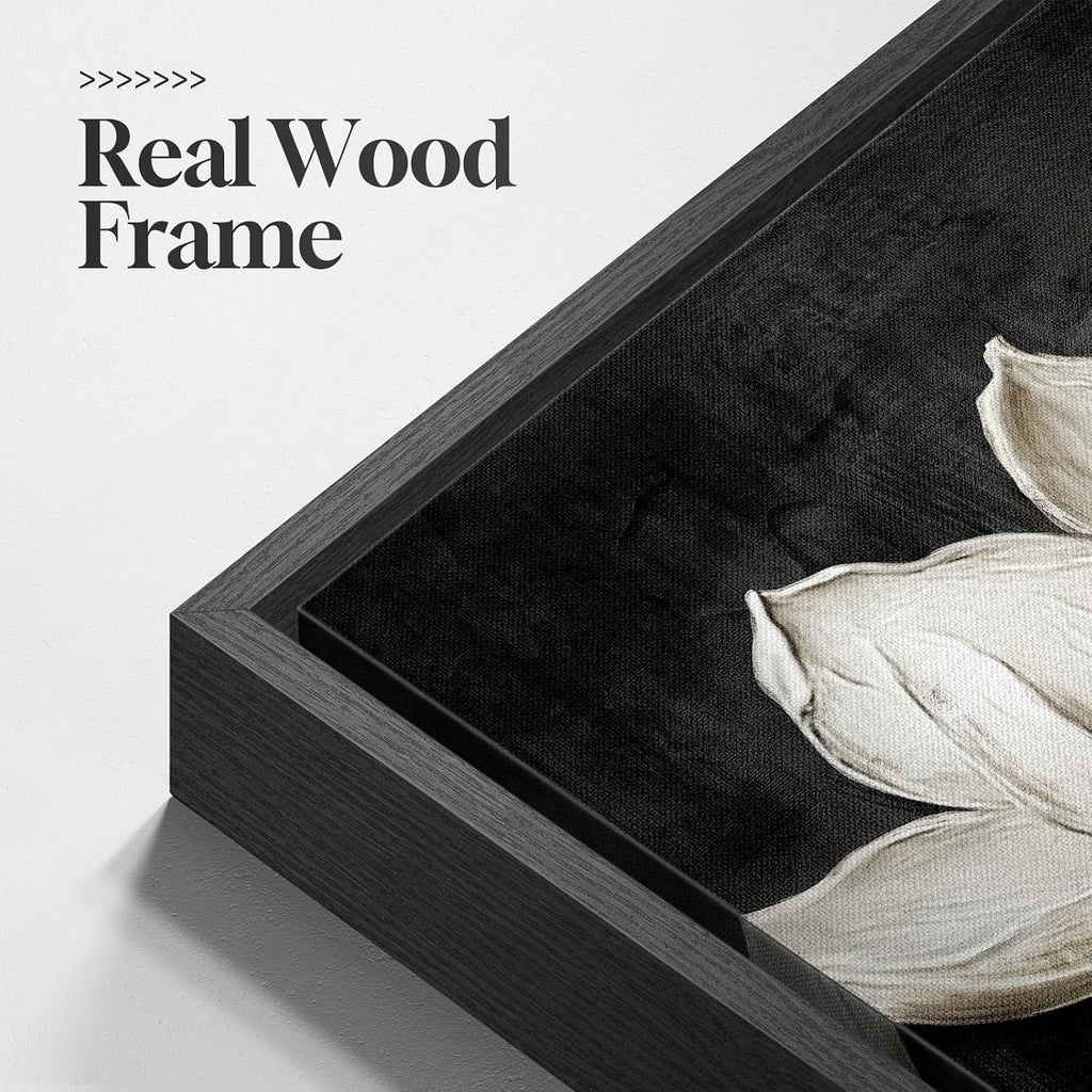Large Framed Black and White Botanical Wall Art for Living Room, Modern Magnolia Floral Canvas Prints Paintings, Elegant Flower with Gold Leaves Pictures for Dining Room Office Wall Decor, 60x30 Inch