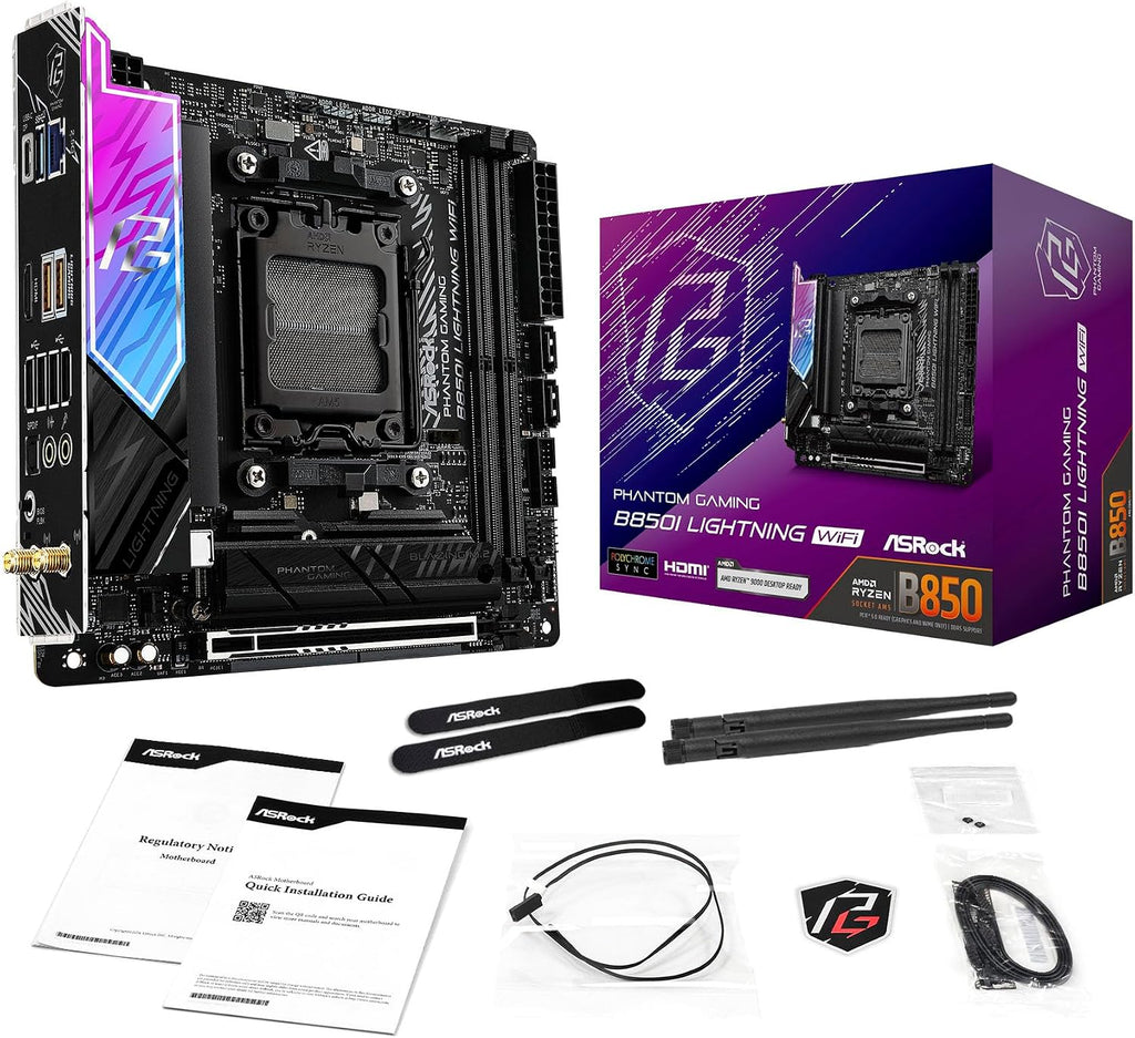 ASRock AMD B850i Lightning WiFi 6E Socket AM5 Ryzen 9000/8000/7000 Series DDR5 8200+ (OC) MHz 128GB Mini ITX Motherboard M.2 SATA3 6.0 Gb/s PCIe 5.0 B850 BIOS Flashback