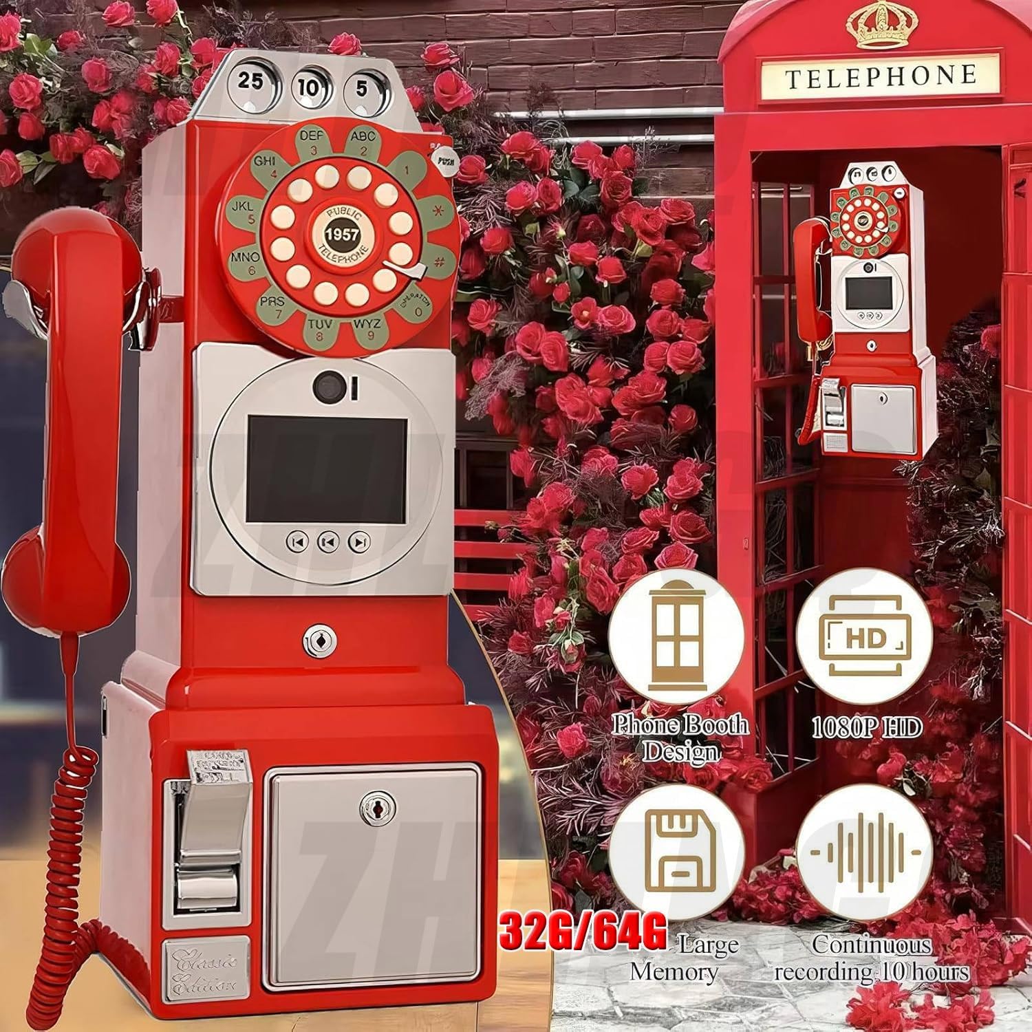 Wall Mounted 1080P Video Audio Guestbook 64G 32G Vintage Telephone Booth Decoration, 3.5 Inch Screen, 18.11''H x 6.3''W x 5.127''L, Can Be Used Continuously for 7 Hours,32G-Black