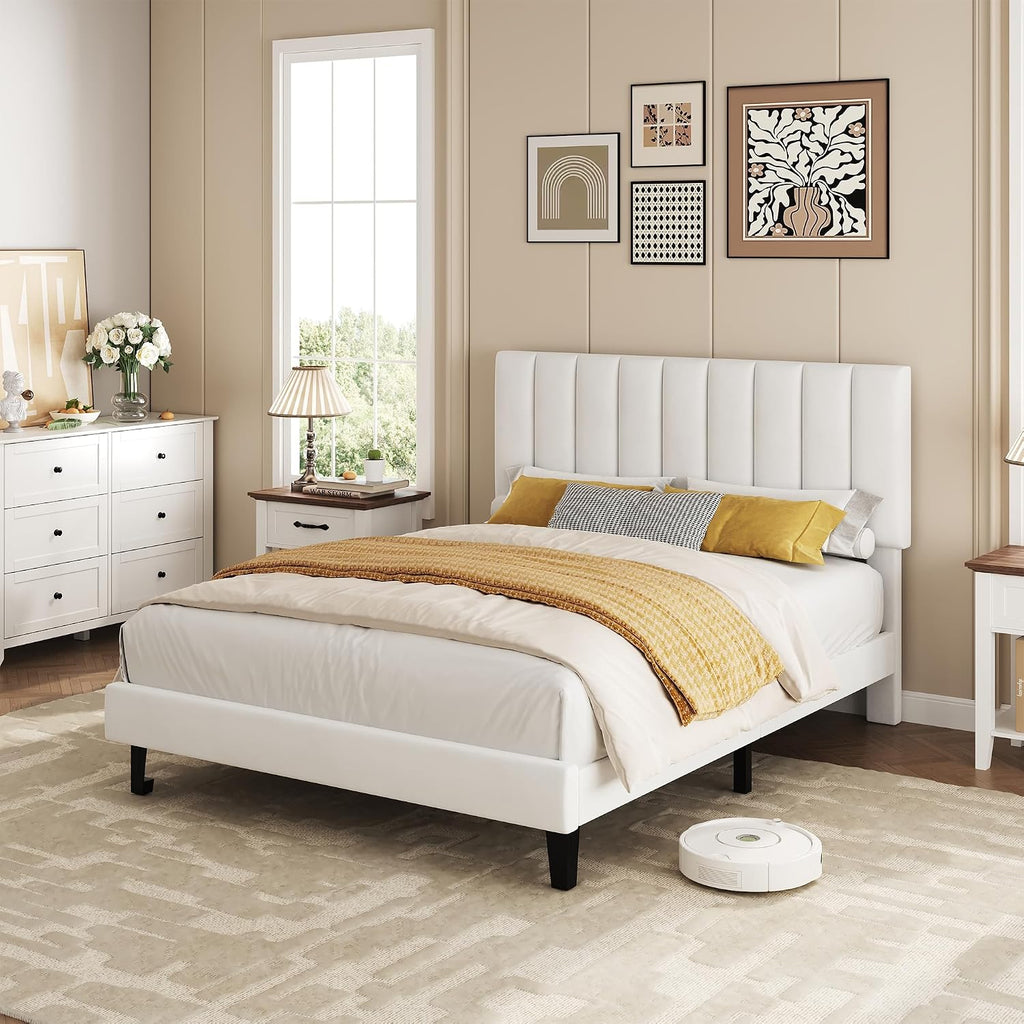 IDEALHOUSE White Bed Frame Full Size, Velvet Upholstered Platform Bed Frame with Adjustable Headboard (39.4–43.3'), Fits 8–12' Mattress, Noise-Free, No Box Spring Needed, Easy Assembly