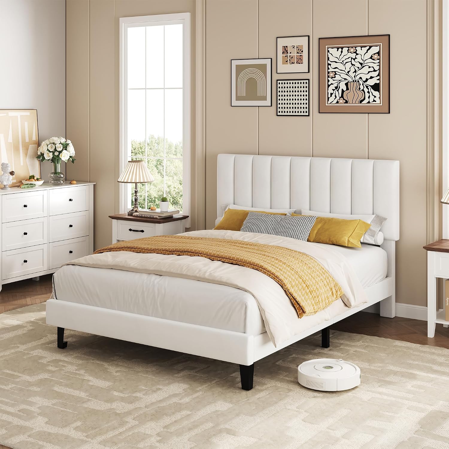 IDEALHOUSE White Bed Frame Full Size, Velvet Upholstered Platform Bed Frame with Adjustable Headboard (39.4–43.3'), Fits 8–12' Mattress, Noise-Free, No Box Spring Needed, Easy Assembly
