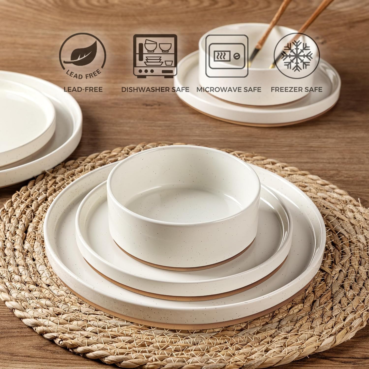AmorArc Ceramic Dinnerware Set for 8 | Speckled Stoneware Plates and Bowls with Rustic Terracotta Underside| Scratch Resistant,Dishwasher & Microwave Safe Dishes Sets- 24pcs