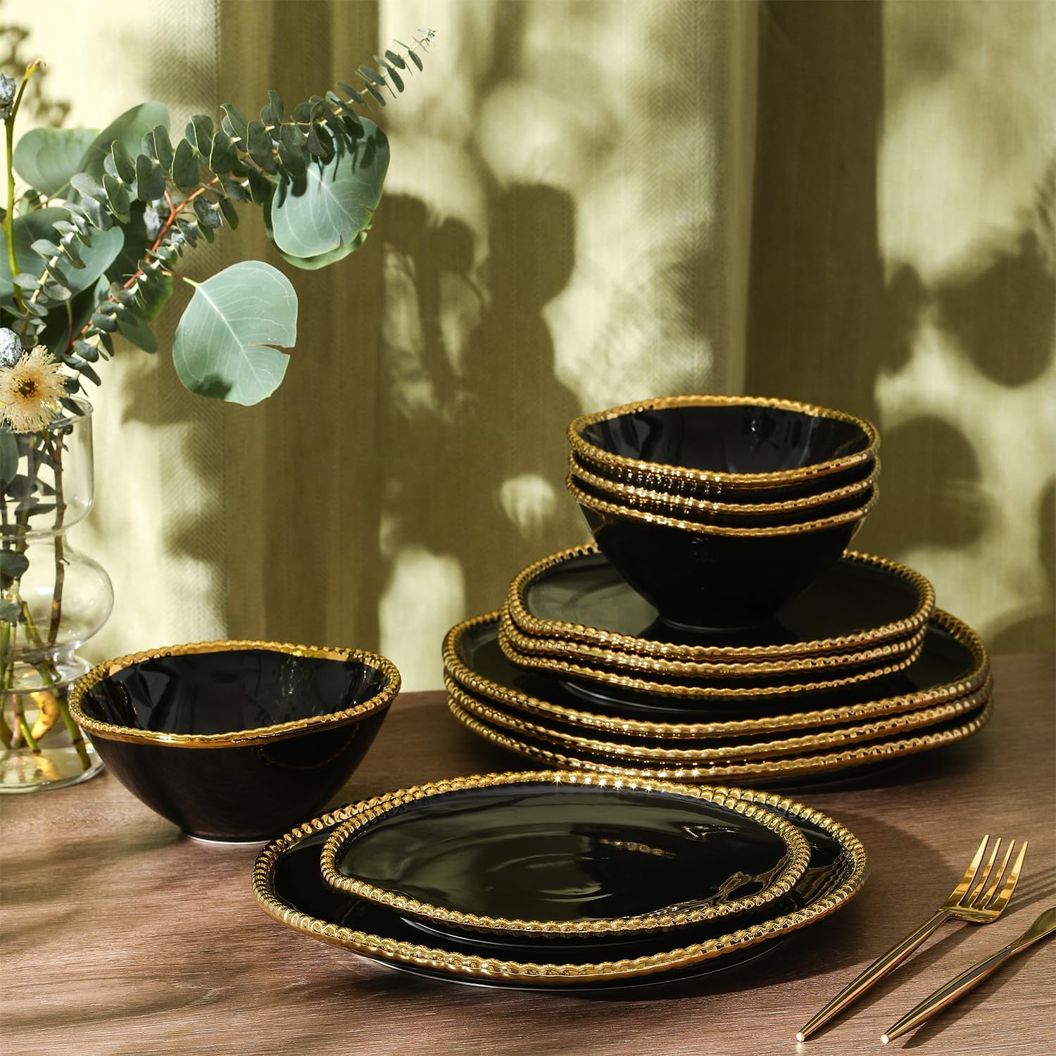 Christian Siriano Akoya Porcelain Dinnerware Set, 24-Piece - Dish Set for 8, Plates and Bowls Set, Black and Gold
