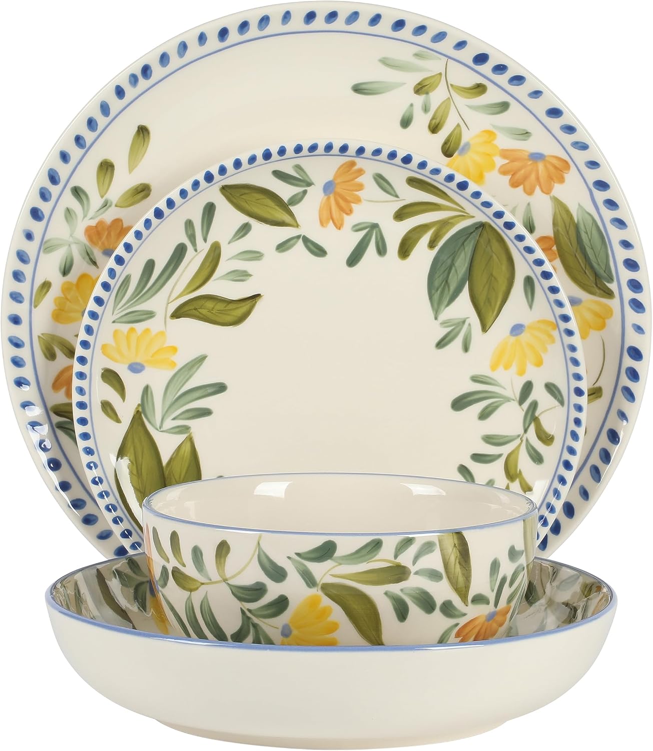Bloomhouse - Two Time Oprah's Favorite Things Winner - Posy Blossom Double Bowl Hand Painted Stoneware Plates and Bowls Floral Dinnerware Set, Service for Four (16pcs)