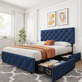 IDEALHOUSE Queen Size Bed Frame with 4 Storage Drawers and Adjustable Headboard, Linen Upholstered Platform Beds, Diamond Stitched Button Tufted, No Box Spring Needed, Blue