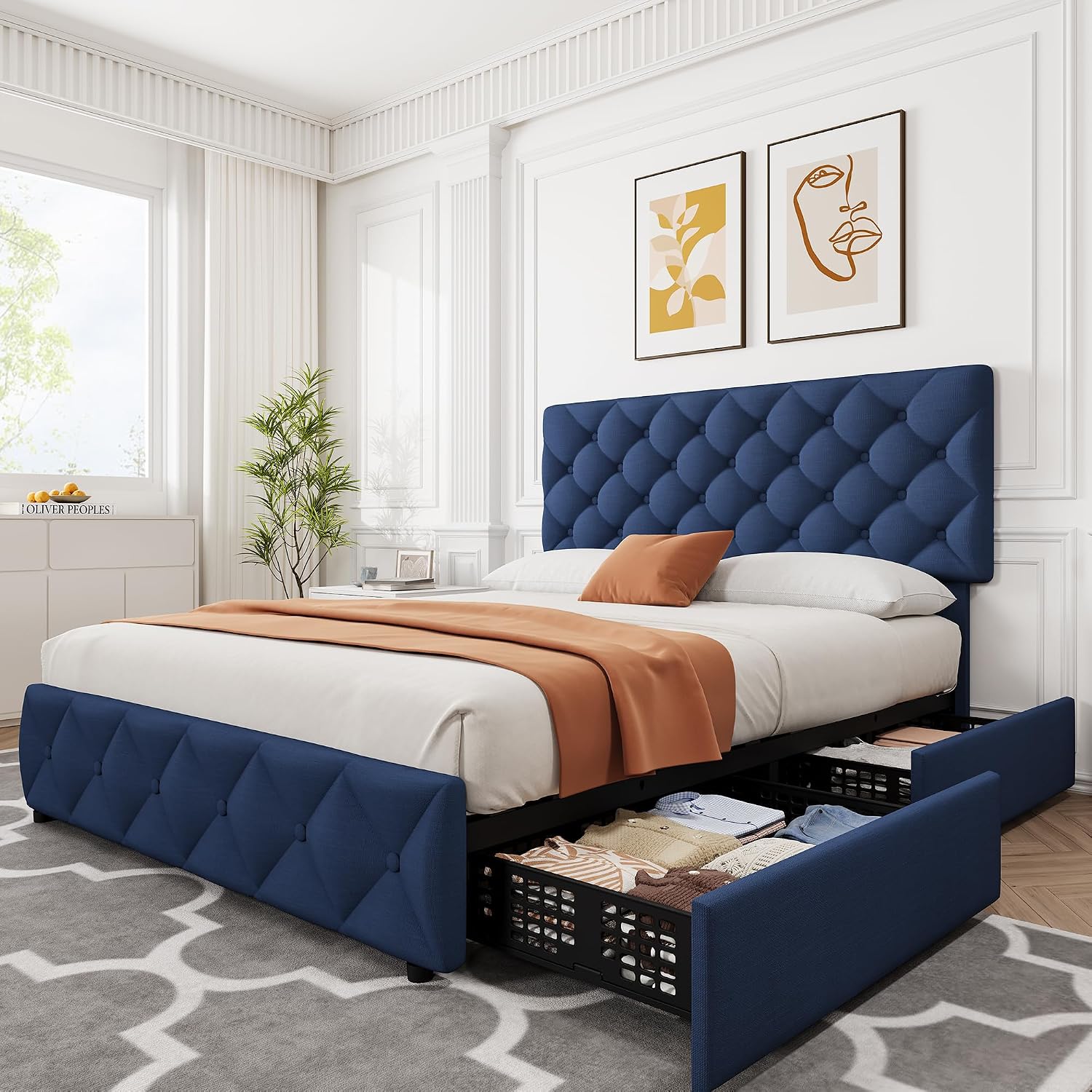 IDEALHOUSE Queen Size Bed Frame with 4 Storage Drawers and Adjustable Headboard, Linen Upholstered Platform Beds, Diamond Stitched Button Tufted, No Box Spring Needed, Blue