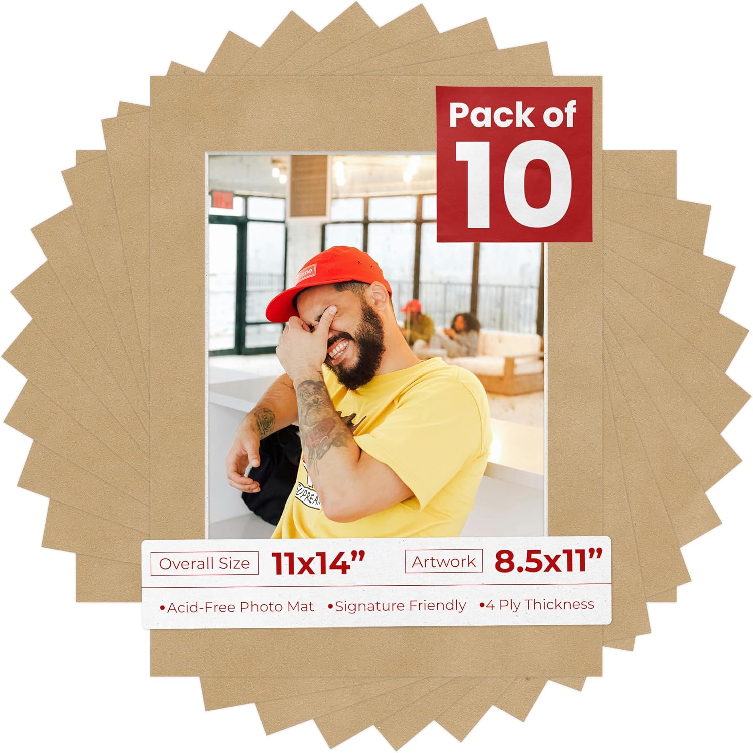 Pack of Ten Acid Free 11x14 Mats Bevel Cut for 8.5x11 Photos - Beige Suede Precut Matboards With Backing Boards and Self Seal Photo Mat Bags For Pictures, Photos, Framing - 4-ply Thickness