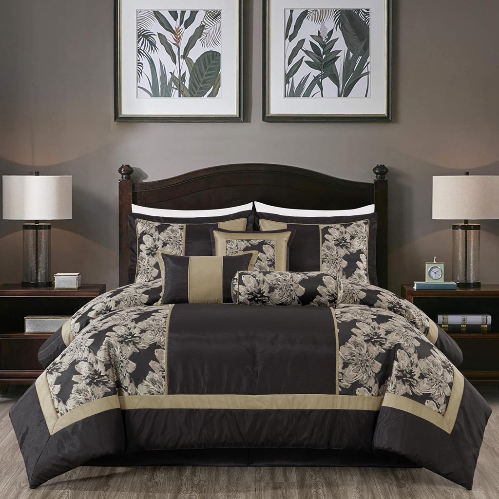 Chezmoi Collection Cameron Comforter Set Oversized King Size, 7-Piece Black Gold Hibiscus Floral Jacquard Bedding Set