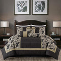 Chezmoi Collection Cameron Comforter Set Oversized King Size, 7-Piece Black Gold Hibiscus Floral Jacquard Bedding Set
