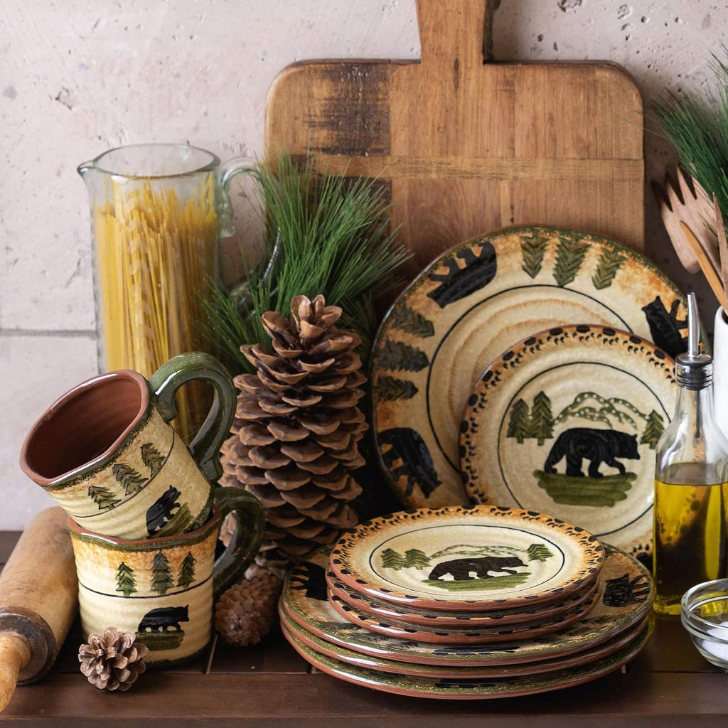 Paseo Road Rustic Bear 16 Piece Ceramic Dinnerware Set with Plates, Bowls and Mugs, Rustic Cabin Lodge Style