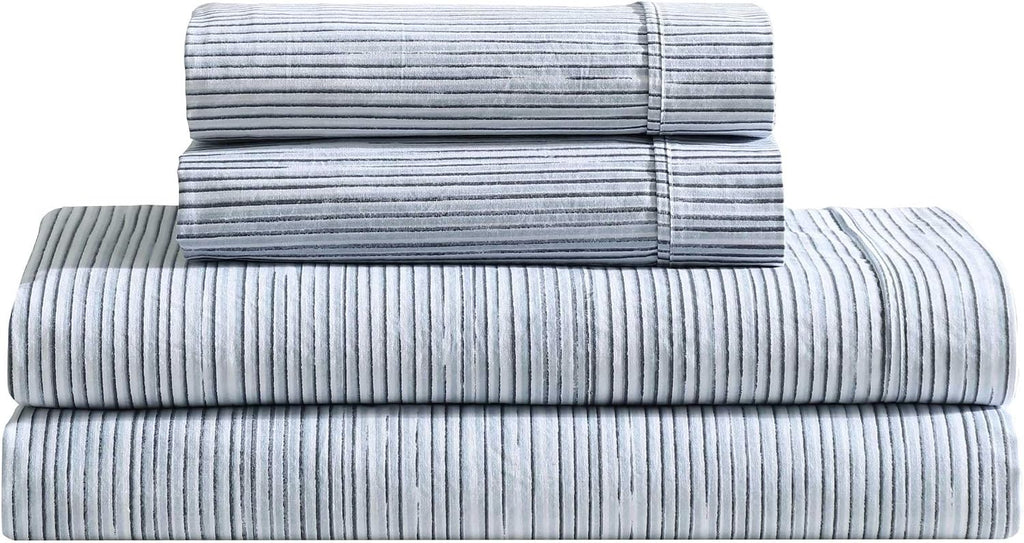 Calvin Klein - King Size Sheets Set, Crisp & Tailored Cooling Sheets w/a Naturally Smooth Cotton Percale Lightweight Feel - Bed Sheets with Matching Pillowcases & Fitted Sheet (Wavy Stripe Blue)