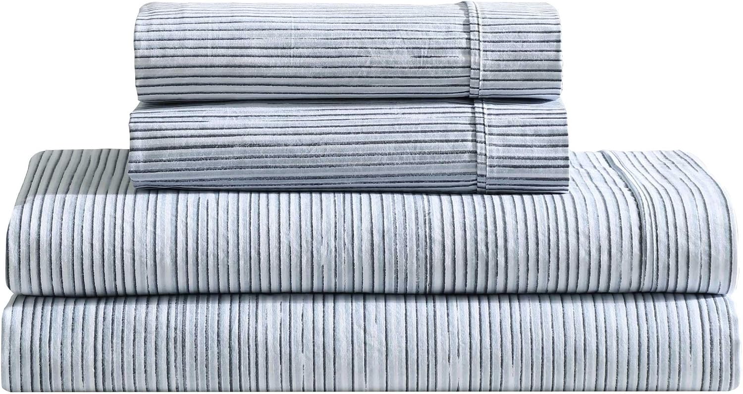 Calvin Klein - King Size Sheets Set, Crisp & Tailored Cooling Sheets w/a Naturally Smooth Cotton Percale Lightweight Feel - Bed Sheets with Matching Pillowcases & Fitted Sheet (Wavy Stripe Blue)