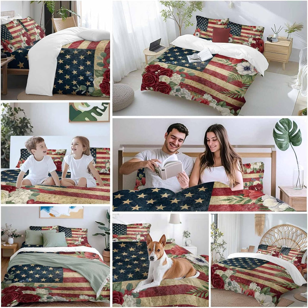 4th of July Duvet Cover Set Queen Size 4 Pieces Patriotic USA Flag Stars Red Flowers Leaf Rustic Bedding Set with Zipper Closure, 1 Comforter Cover 92x106 Inches 1 Flat Sheet & 2 Pillow Cases