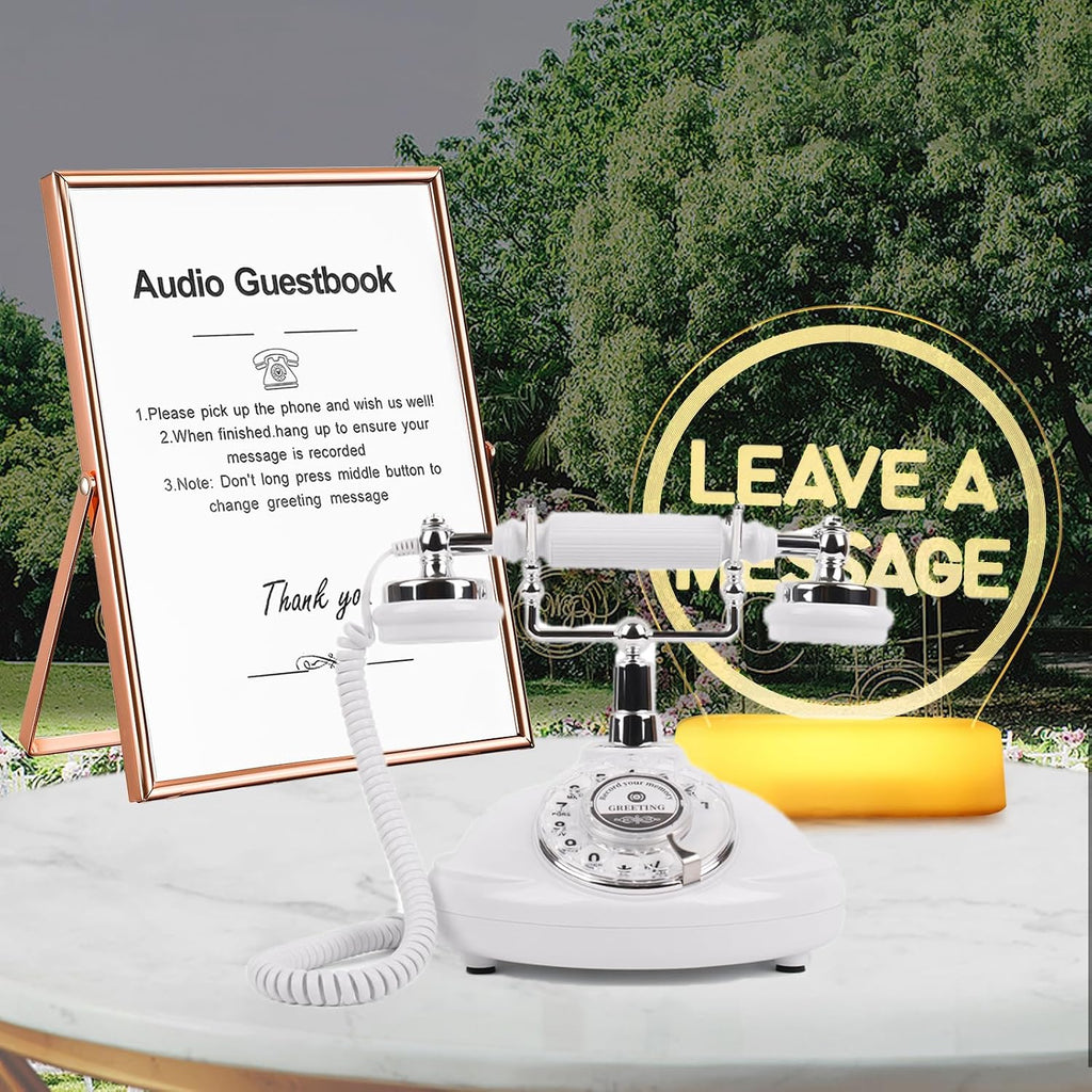 Audio Guestbook Phone with LED Light and A5 Photo Frame, Guestbook Audio Retro Phone is The Perfect Addition to Wedding Ideas or Party Notes with Custom Guest Voice Messages (White)