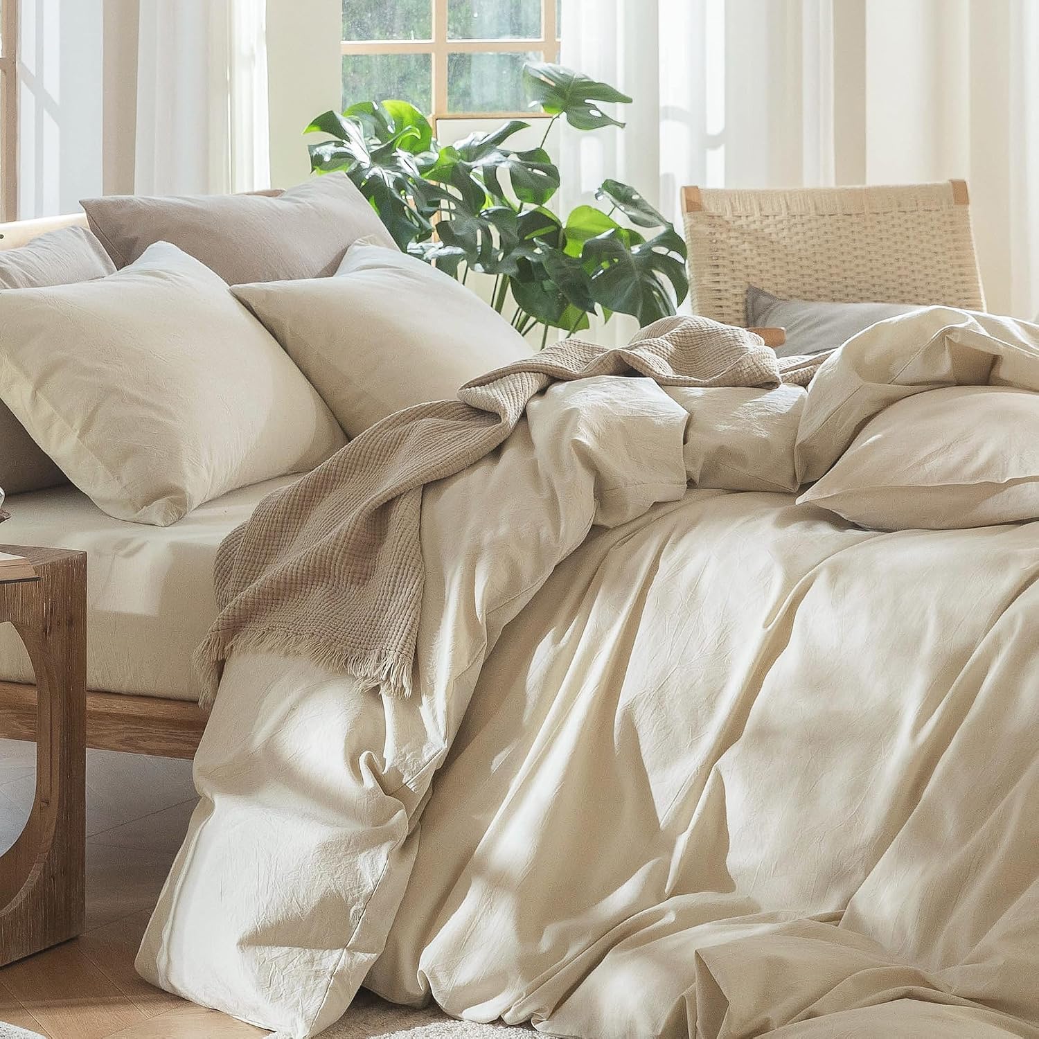 MooMee Bedding Duvet Cover Set 100% Washed Cotton Linen Like Textured Breathable Durable Soft Comfy (Heathered Almond Milk Grey, Oversized King Plus 128'x120')