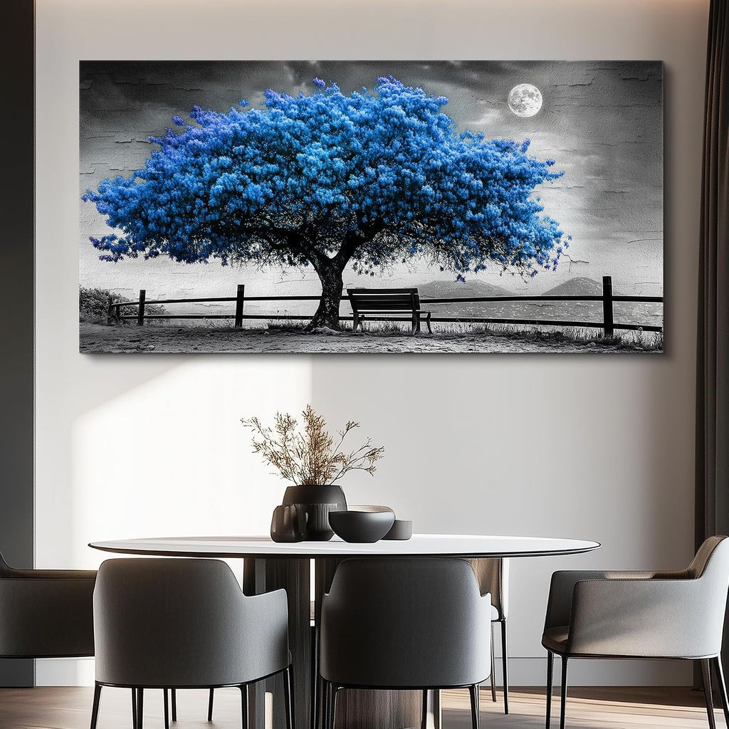 FUHAIHUA Canvas Wall Art For Living Room Large Wall Decor For Office Bedroom Decorations Black And White Landscape Pictures Blue Tree Painting Artwork Room Wall Mural Aesthetic Home Decor 30x60 In