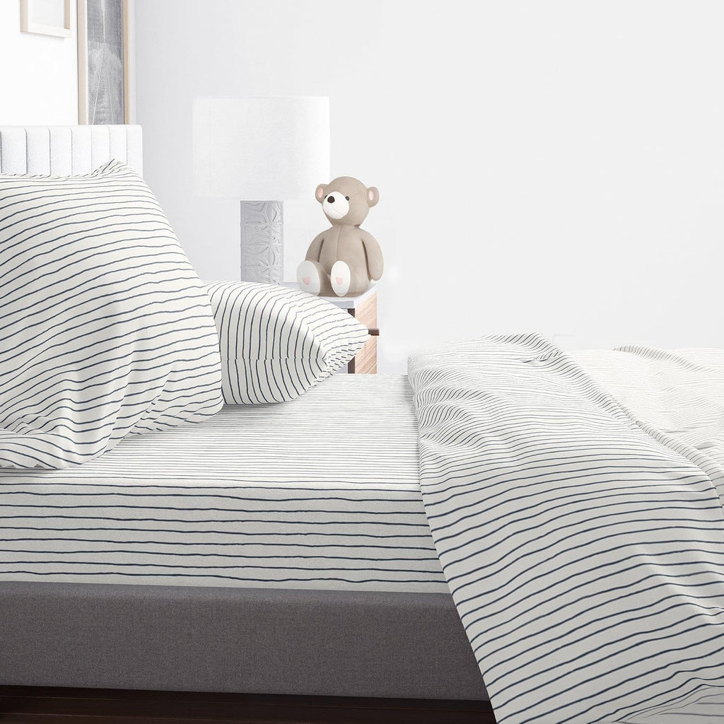 MakeMake Organics Organic Sheets (4 Piece) GOTS Certified Organic Cotton Queen Sheets Set Dreamy Soft Fitted Sheet Flat Sheet 2 Pillow Cases Kids Room (Queen, Blue Stripes)