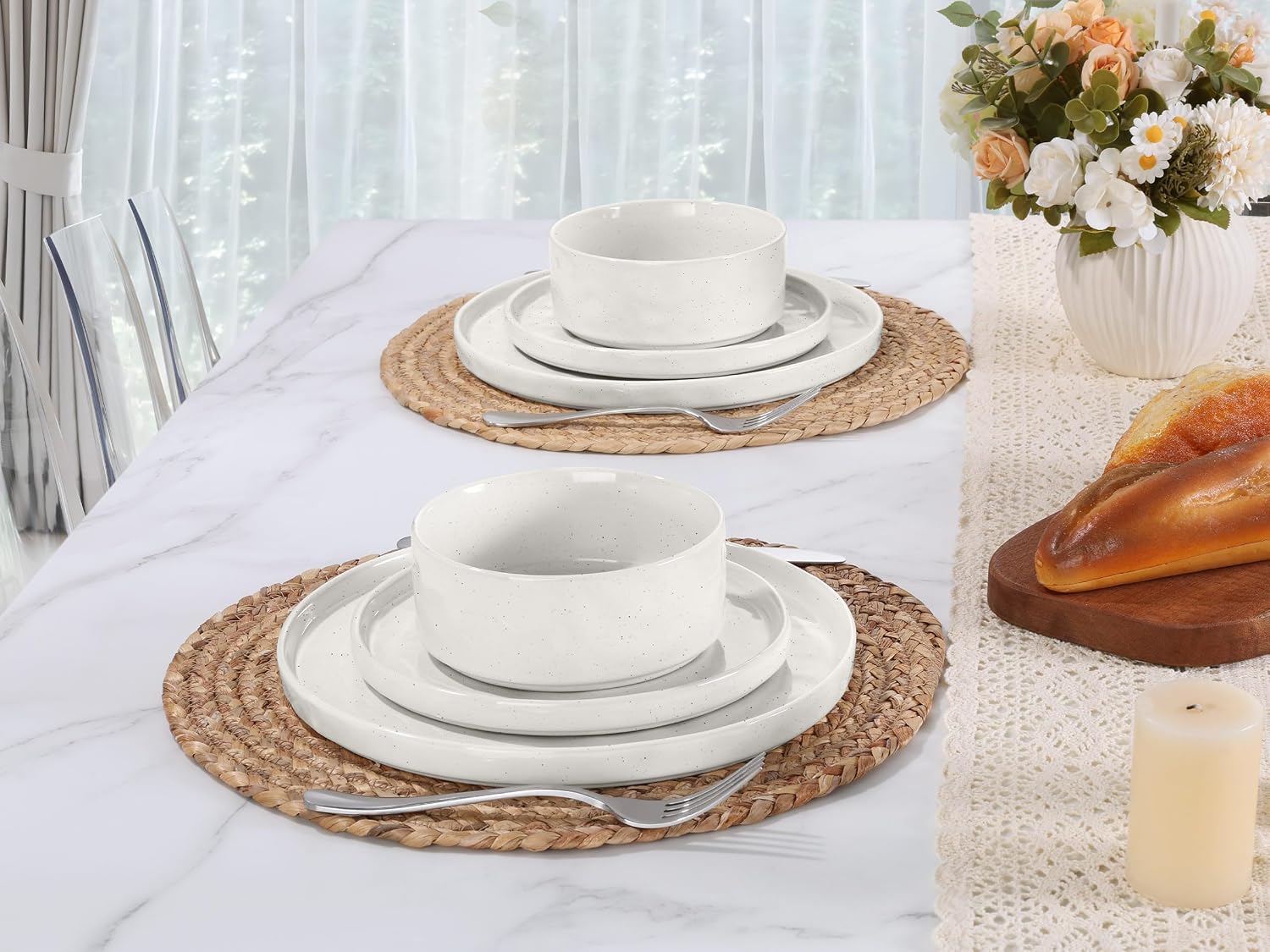 LIANYU 24 Piece Dinnerware Sets for 8, Stoneware Plates and Bowls Dish Set, Kitchen Dinner Ware Speckled Dining Dishware, Microwave & Dishwasher Safe, Polar White