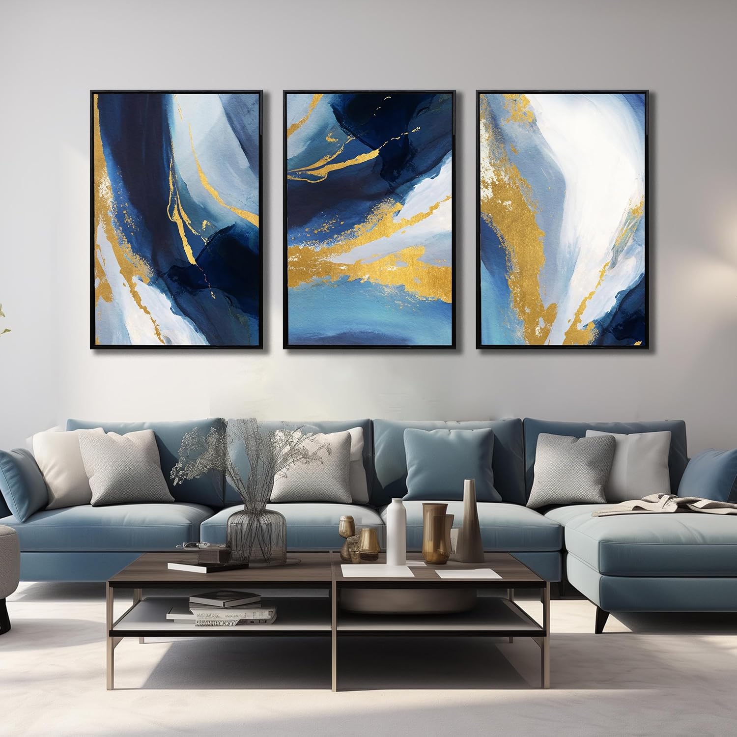 Abstract Wall Art for Living Room, Framed Canvas Wall-Decor for Bedroom, Blue White and Gold Picture Prints, Size 24 x 36 Inches 3-Pieces