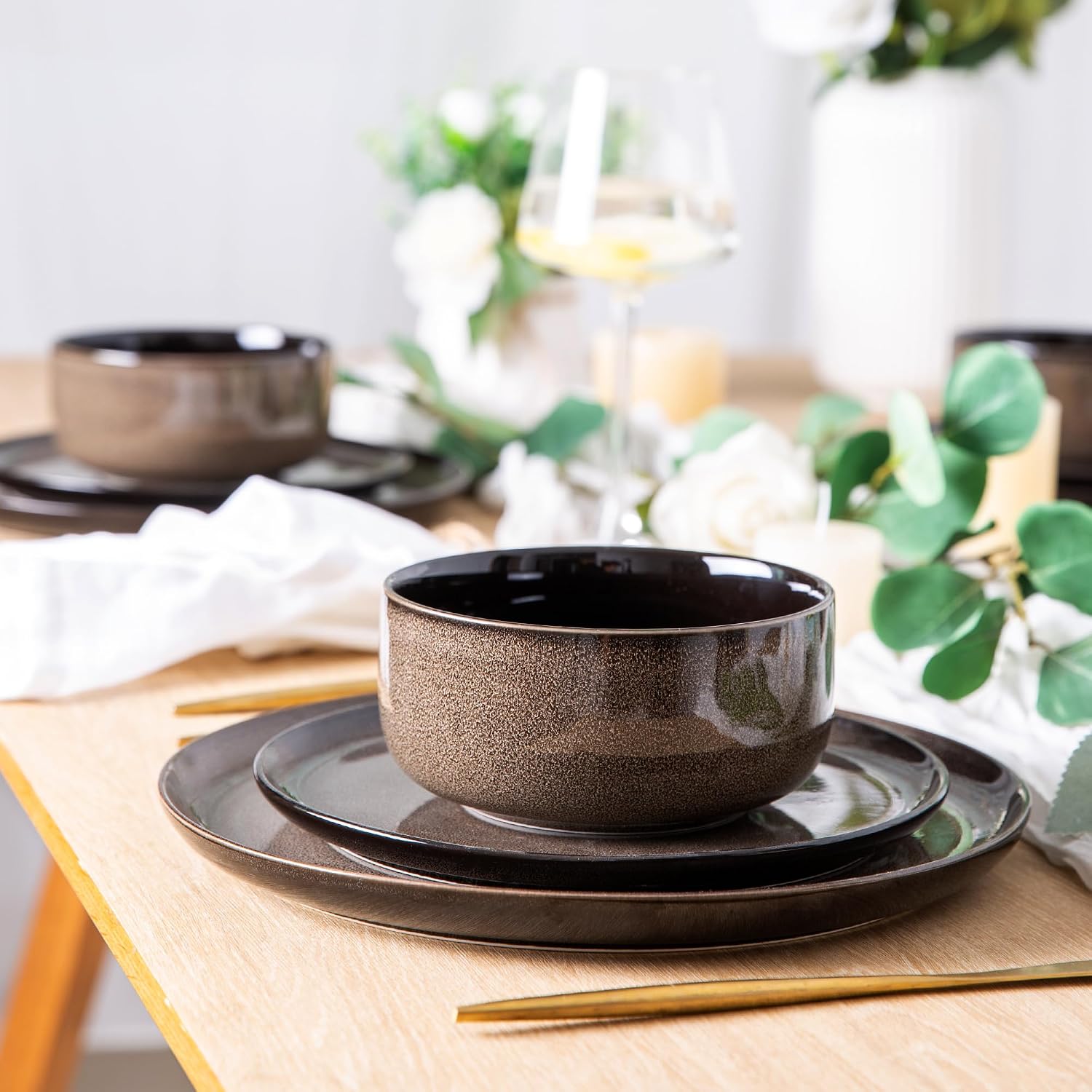 LERATIO Ceramic Dinnerware Sets for 8,Plates and Bowls Sets,Reactive Glaze Dishes Set,Highly Chip and Crack Resistant | Dishwasher & Microwave & Oven Safe Dishes set,Service for 8-Coffee (24pc)