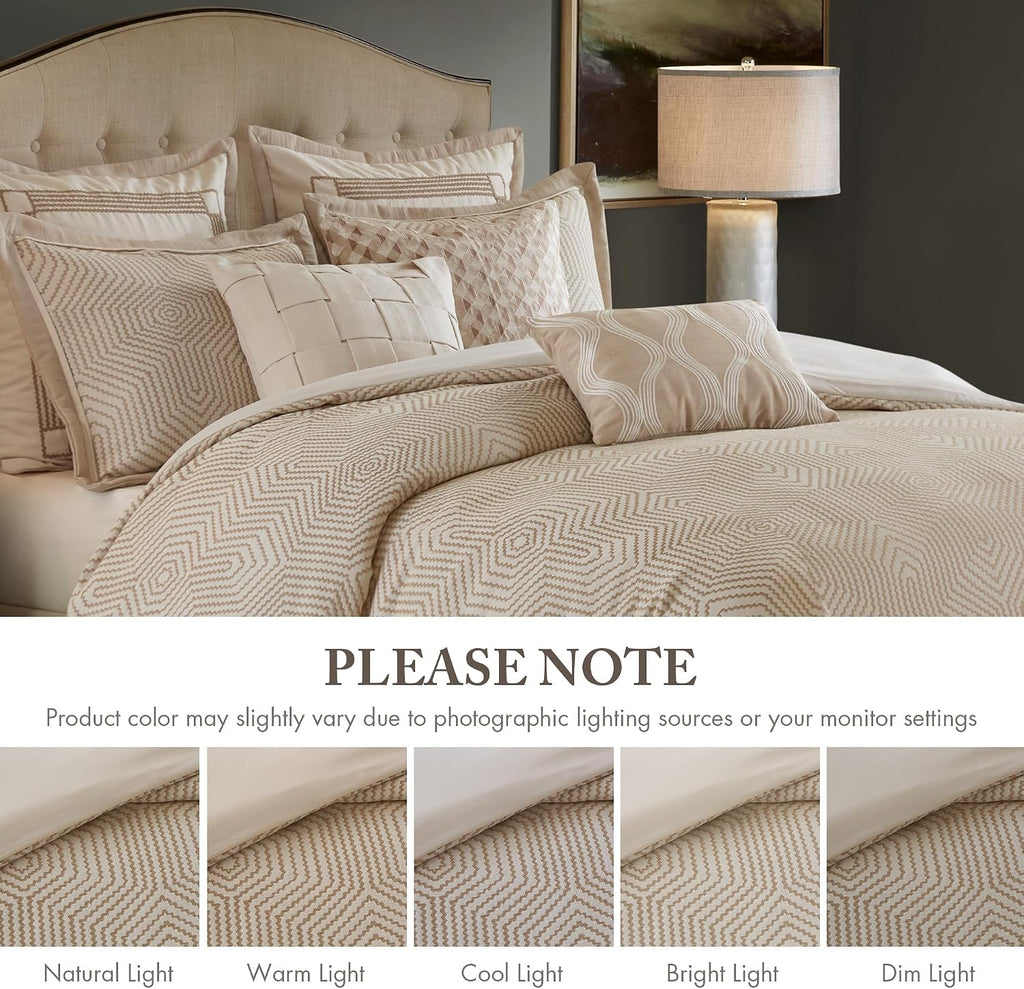 Madison Park Signature Queen Luxury Jacquard Comforter Set, Removable Duvet Cover with Insert, Oversized Overfilled Bedding, Hand-Guided Embroidered Texture Accents, Geometric Ivory, 8-Piece