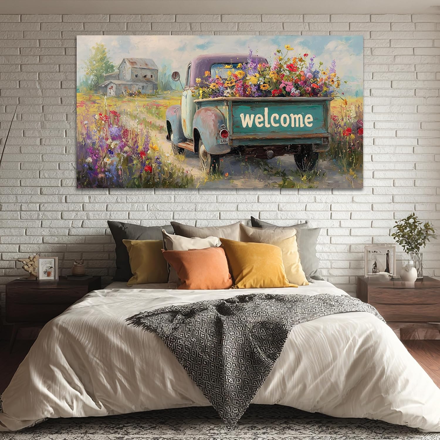 TIMUBA Country Farmhouse Truck Wall Art, Spring Farmhouse Canvas Art Prints, Welcome Sign Retro Truck Pictures Wall Decor, Rustic Flower Spring Landscape Painting Artwork for Home Bedroom 60x30 Inches