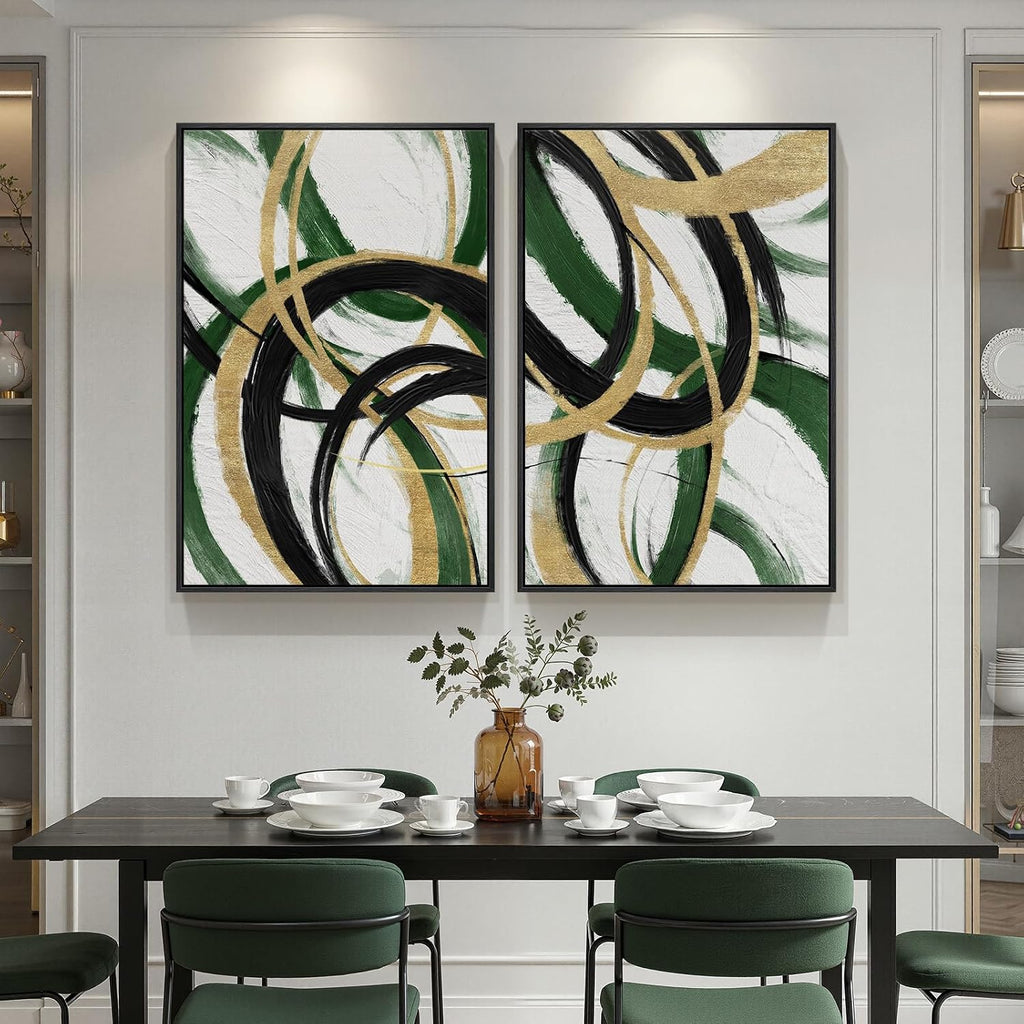 Framed Green Abstract Wall Art Set of 2 for Living Room, Large Green Gold and Black Canvas Artwork for Walls, Modern Luxury Painting Print for Bedroom Dining Room Office Hallway Wall Decor, 24x36 Inch