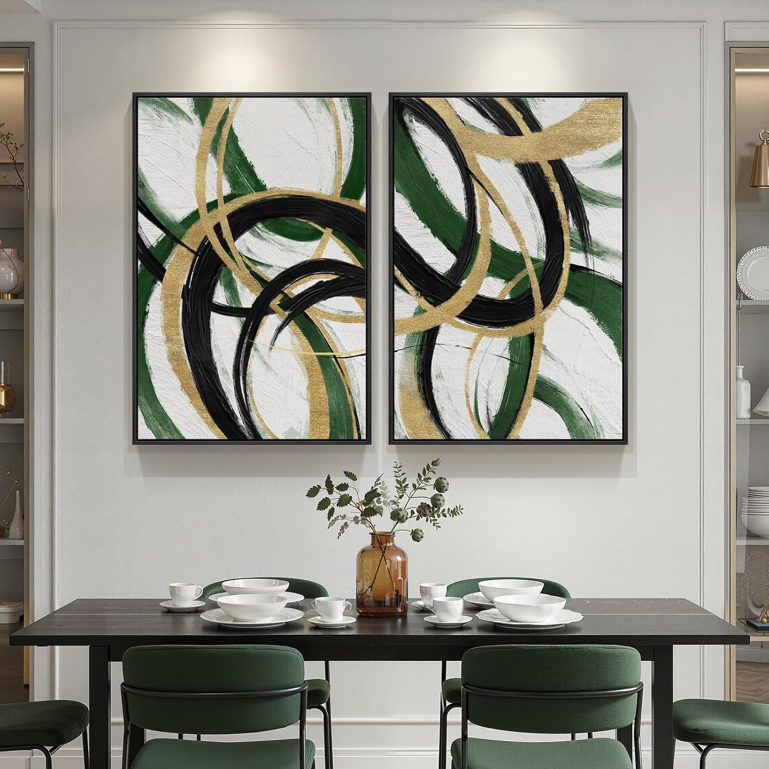 Framed Green Abstract Wall Art Set of 2 for Living Room, Large Green Gold and Black Canvas Artwork for Walls, Modern Luxury Painting Print for Bedroom Dining Room Office Hallway Wall Decor, 24x36 Inch