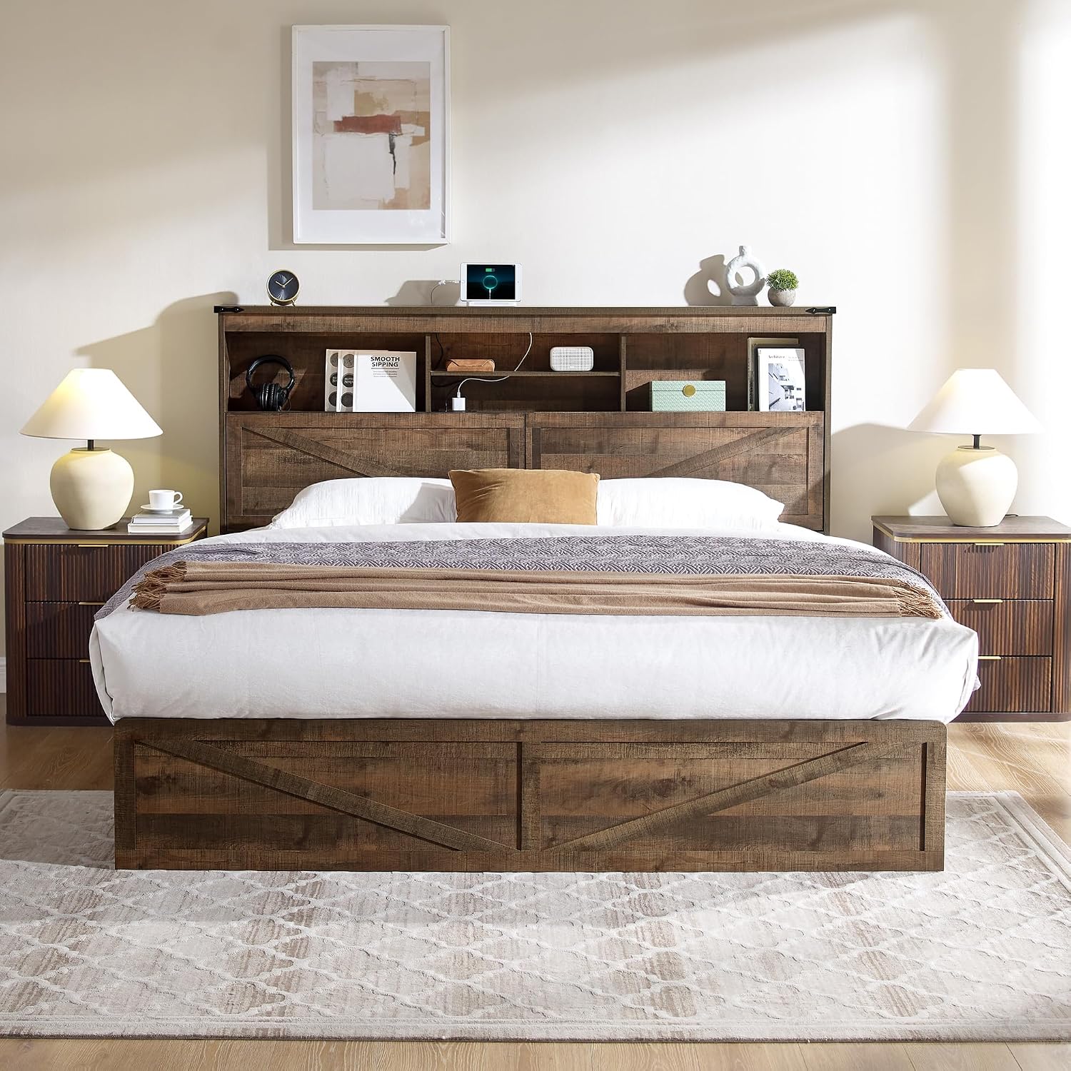 ACCOHOHO King Size Bed Frame with 52' High Storage Headboard and 4 Drawers,Wood Bed Frame with LED Light and Charging Station,Warm Brown