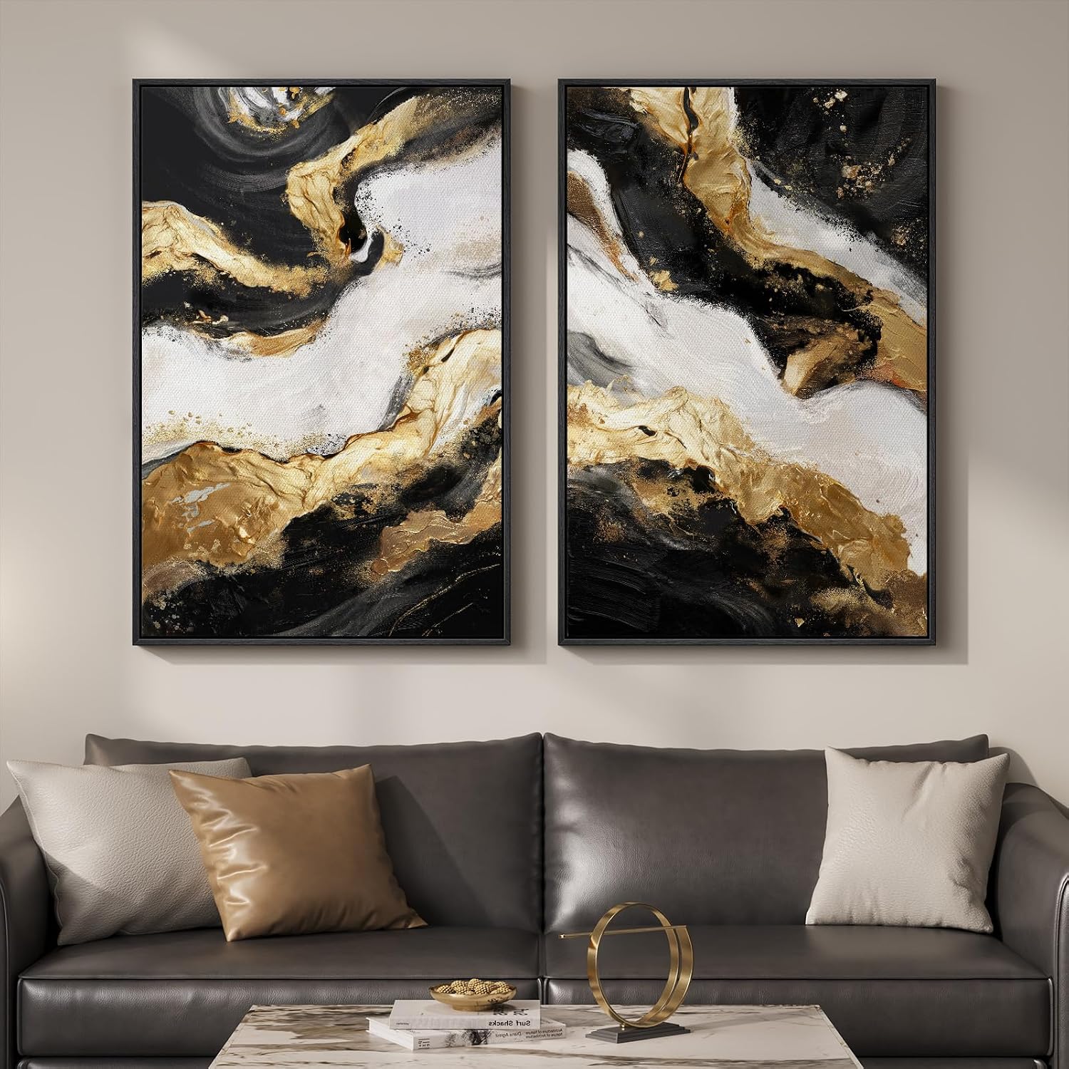 Framed Gold Abstract Wall Art Set of 2 for Living Room, Large Black White Modern Luxury Canvas Artwork for Walls, Contemporary Flow Marble Motifs Painting Print Wall Decor for Bedroom Office, 24x36 In