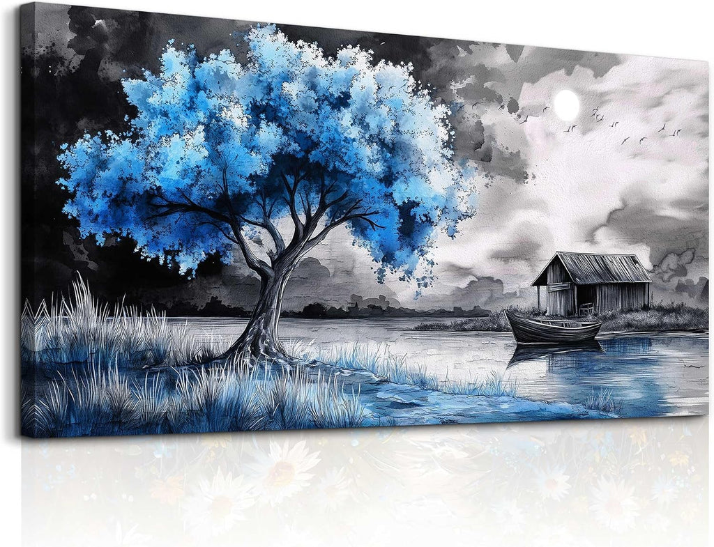 PHAOHUAXM Large Wall Art For Living Room Blue Wall Decor For Bedroom Black White And Blue Trees Wall Pictures Restaurant Office Frame Printing Canvas Large Artwork Modern Home Decoration 30x60 in
