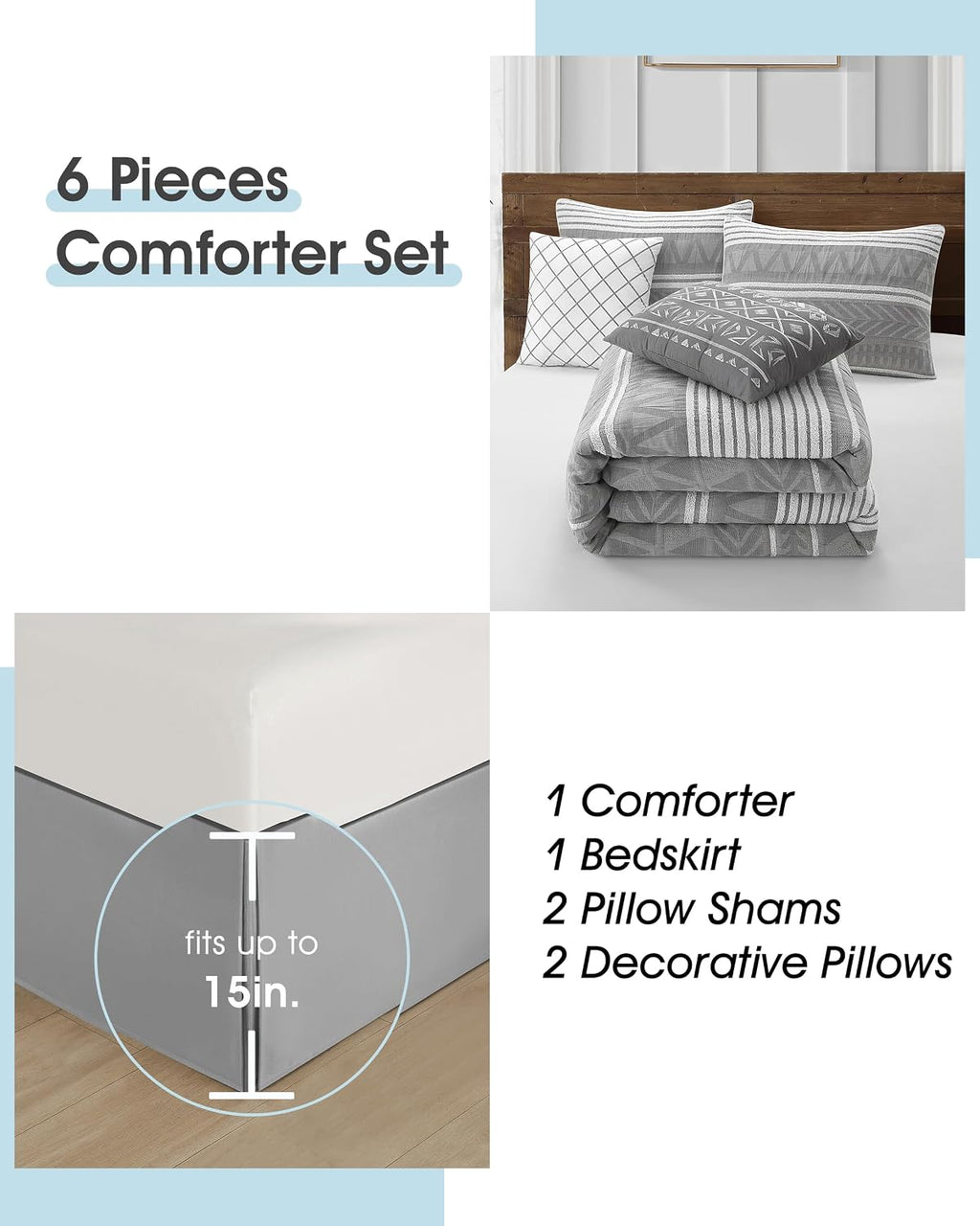 LANCO MODERN LIFESTYLE Cotton Comforter Set California King, Gorgeous Geometric Jacquard, Grey Soft Lightweight Bedding Set for All Seasons, 6 Pieces Bedskirt, Pillow Shams and Decor Pillows